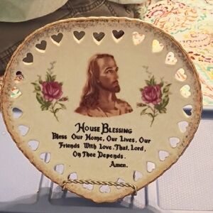 Vintage Decorative Plate with Heart Cutouts and Religious Motif Made In Japan